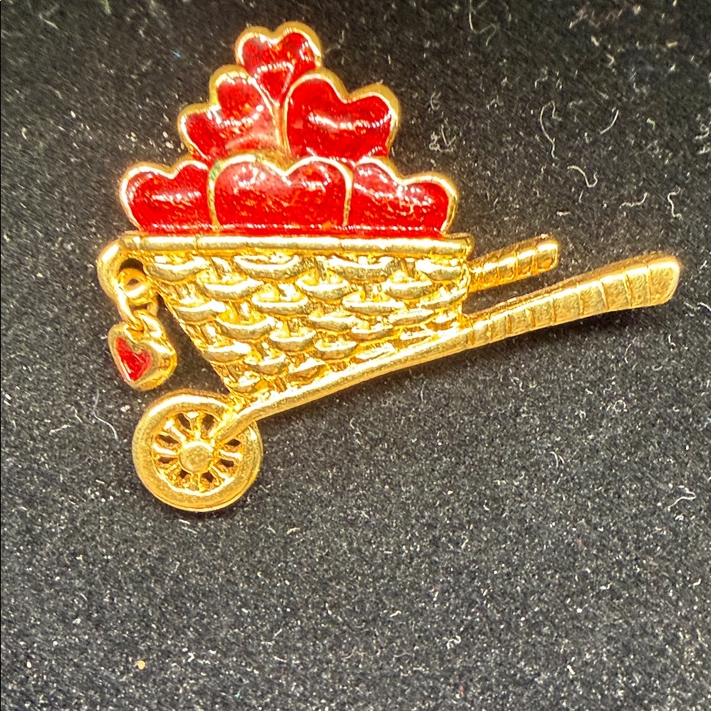 Avon Brooch 1.5 Inches Wheelbarrow Red Hearts Signed Vintage 1970-80s Valentines